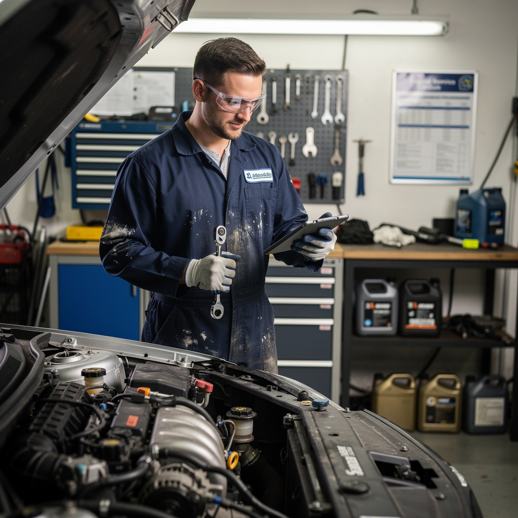 Technician working on car engine